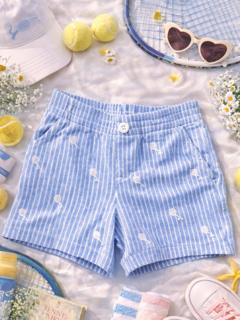 Ralph Lauren Baby Striped Cotton Shorts with White Tennis Embroidery